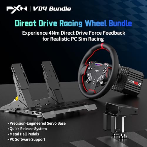 PXN Direct Drive Racing Wheel, VD4 Bundle - 4Nm Force Feedback | Servo Motor Base, 11-Inch Steering Wheel, Hall Effect 2-Pedal Set, Desk Clamp Mount - PC Sim Racing Bundle for Windows 7-11