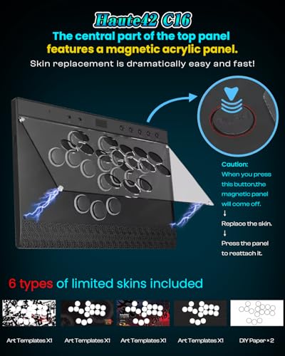 Haute42 C16 Leverless Arcade Stick, Magnetic DIY Art Panel, Hot-Swap | RGB Button Rims, Tournament Lock Switch, Hot-Swap Supported, Compatible with PC/Switch/PS4/Steam Deck