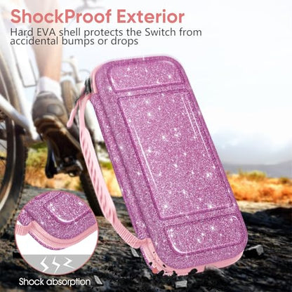 FINTIE Carrying Case for Nintendo Switch / Switch OLED Model (2021) | Shockproof, Hard Shell Protective Cover, Portable Travel Storage Bag, 10 Game Card Slots & Inner Pocket - color: Sparkly Purple