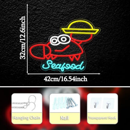 Seafood Neon Sign Dimmable Crab Neon Light Marine Animals Light Sign for Seafood Restaurant Aquarium Kitchen Outdoor Food Party(12.6 * 16.54In) - style: Seafood