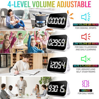 Kitchen Timer for Cooking, Rechargeable Digital Magnetic Timer with Large LED Display, Loud Alarm, Sound Countdown, 4 Volume Levels and 3 Brightness for Classroom, Study (White) - color: White
