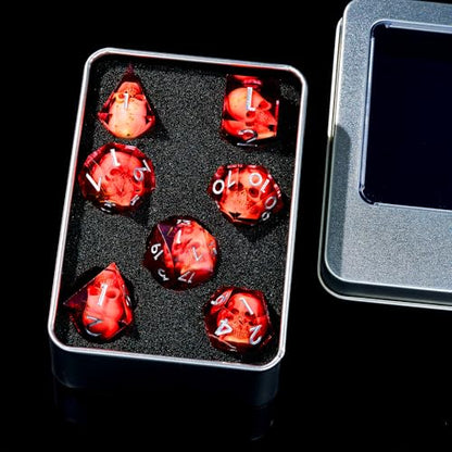 Froggod Blood Moss & Skull DND Dice Set with Gift Box for DND RPG, 7Pcs | Blood resin DND role playing dice with moss skull design and sharp edges for MTG, tabletop games and collectors - color: Blood