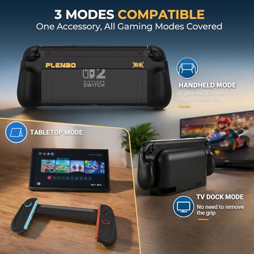 Plenbo - FoldeX Grip Case with Detachable Flip Cover for Nintendo Switch 2, Dockable Ergonomic Handheld Protective Shell, 3-Mode Compatible Joy-Con 2 Controller Grip- Black - color: Black