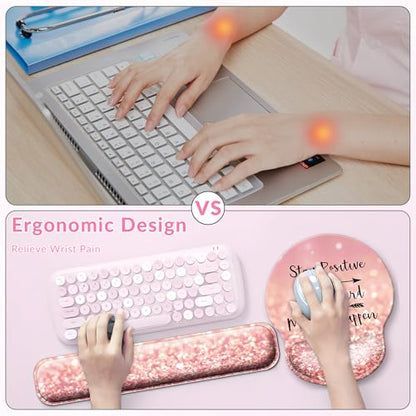 Desk Mat Set Keyboard and Mouse Pad with Wrist Rest Support | Ergonomic,Pain Relief, 4-in-1 Large Big Mousepad Computer Mats,Desk Pad Matt Mats for Desktop Home & Office - color: B-Glitter Pink