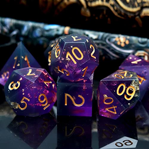 Haxtec Sharp Edge DND Dice Set, Gold Flakes Resin Polyhedral RPG Dice | Purple Galaxy Swirl D&D Dice, Compatible with Dungeons and Dragons, Handmade 7-Die with Metal Case, MTG Gifts, War Series - color: Purple Gold