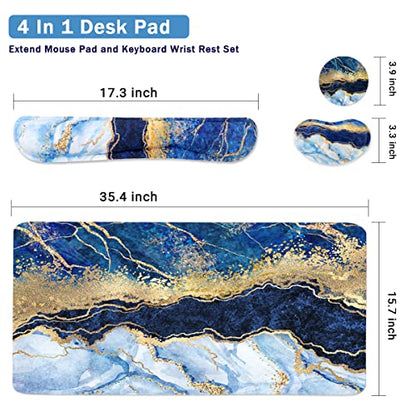 Ergonomic Large Mouse Pad and Keyboard Wrist Rest, Desk Pad for Keyboard and Mouse, 4-in-1 Large Gaming Mouse Pad with Wrist Support - Light Blue - color: Blue Gold Marble