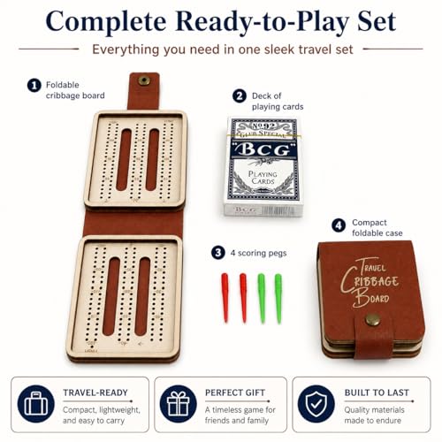 Portable Cribbage Board Set, Premium Leather Foldable Cribbage Game with Playing Card & Pegs, Pocket Size for Camping, Travel, Adventures & Unique Gift for Father's Day, Christmas & Cribbage Lovers