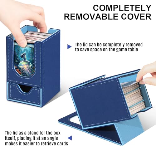 Card Deck Box for MTG Commander, Fits 100+ Double-Sleeved Cards Card Case | with Detachable Dice Tray, 2 Dividers, Removable lid, Trading Card Storage Box, Sturdy and Durable, Fits TCG/PTCG/Sports Card - color: Dark Blue and Light Blue