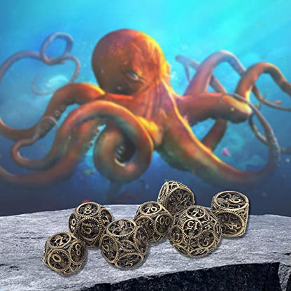 DND Dice,Hollow D&D Metal Dice,Unique Round Ball Design Octopus Dice with Gift Box for Dungeons & Dragon Gaming,7 PCs Steampunk Polyhedral D and D Dic (Ball Octopus Bronze) - color: Ball Octopus Bronze