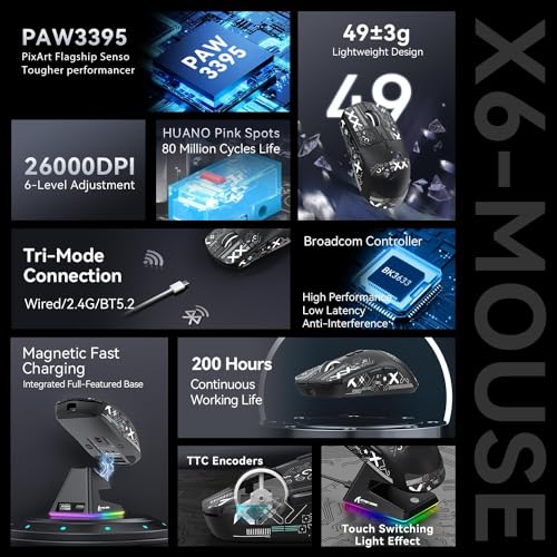 MAMBASNAKE Attack Shark X6 Wireless Gaming Mouse,RGB Magnetic Charging Dock,49g Ultralight X3 Upgrade,Tri-Mode 2.4GHz/BT5.2/USB-C,PAW3395 Sensor 26KDPI,G502 Programmable Mice for Win/Mac - Black&Tape - color: Black&Tape