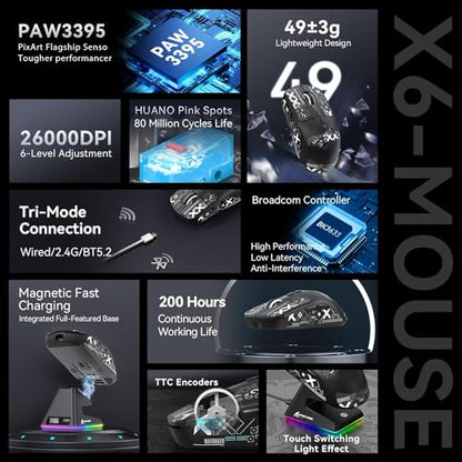 MAMBASNAKE Attack Shark X6 Wireless Gaming Mouse,RGB Magnetic Charging Dock,49g Ultralight X3 Upgrade,Tri-Mode 2.4GHz/BT5.2/USB-C,PAW3395 Sensor 26KDPI,G502 Programmable Mice for Win/Mac - Black&Tape - color: Black&Tape