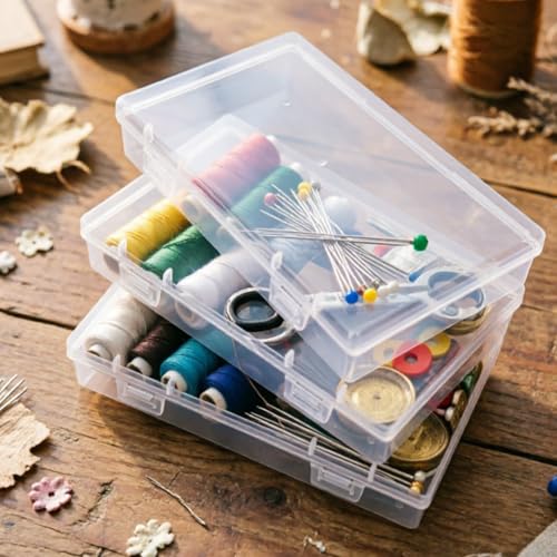 6 Pieces Rectangular Empty Mini Clear Plastic Organizer Box | 155 x 92 x 30 mm, Hinged Lids, For Small Items, Craft Projects - size: 155 x 92 x 30 mm