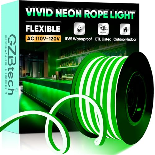 GZBtech Flexible LED Neon Rope Lights 33FT,AC 110-120V Waterproof Strip Light, 120 LEDs/M Cuttable Connectable Neon Lighting for Indoor Outdoor Home Decor/Commercial Building Use-Green 10M, ETL Listed - color: Green, size: 33FT