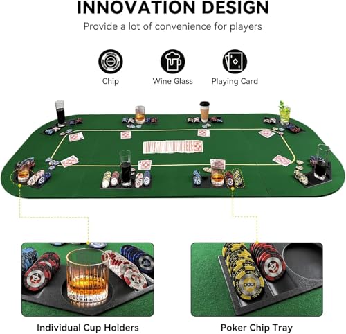 Foldable Poker Table Top with Chips Tray & Cup Holders, Carrying Bag | 79 x 36 Inch Rectangular Poker Table Topper Green Felt, Professional Texas Hold’em Poker Mat for Card Casino Games - color: Yellow
