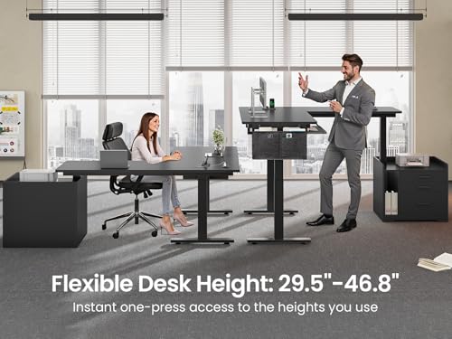 SEDETA L Shaped Standing Desk with File Cabinet, 3 Drawers, Power Outlet | 63 x 53'' Electric Height Adjustable Gaming Computer Desk with Led Lights for Home Office, Gaming Room, Black - color: Black, size: 63 x 53'' L Shaped Standing Desk
