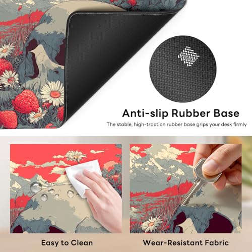 Large Gaming Mouse Pad, XL Desk Protector, Non-Slip Base | 31.5x15.7 in Extended Desk Mat with Stitched Edges for Keyboard, Work, Game, Office, Home PC and Laptop - color: Skull Strawberries