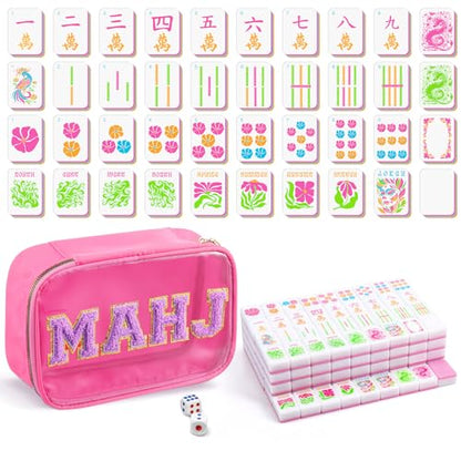 Soulchen American Mahjong Tiles Accessories Set 160 Pieces 1.2 Inches American Mahjong Tiles Game Set with Waterproof PVC Clear Zippered Storage Holder Bag for Game Lover Gift(Hot Pink) - color: Hot Pink, style: Flowers