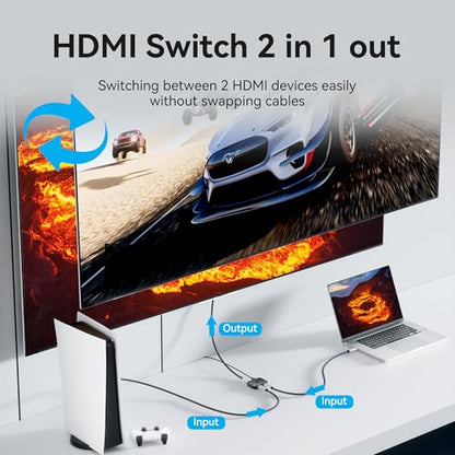 VENTION 8K 2x1 HDMI Switch, 4K@120Hz HDMI Splitter Switcher, 2 in 1 Out with LED Indicators, Supports HDR, 3D, Dolby, Compatible with Laptops, PC, Xbox Series, PS5/4/3, Blue Ray, Projector - color: Black