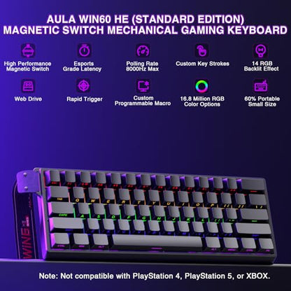 Aula WIN60 HE - 60% Mechanical Gaming Keyboard Wired, Magnetic Switch Hot Swappable, Adjustable Actuation Rapid Trigger Mode, 8000 Hz Polling Rate, RGB Small Keyboard 60 Percent Compact Design for PC - color: WIN60HE-Black Side