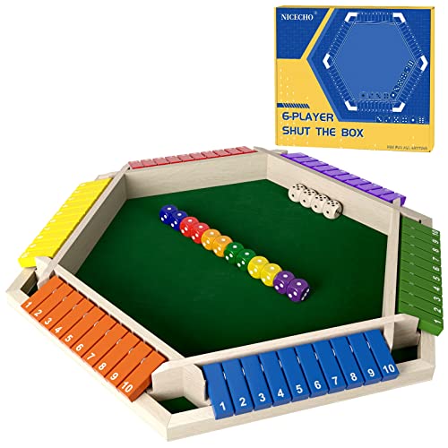 1-6 Players Shut The Box Dice Game, Wooden Board Table Math Game with 16 Dice, Classics Tabletop Version Games for Kids Adults, Family,Classroom,Home,Party or Pub - color: Multicolor