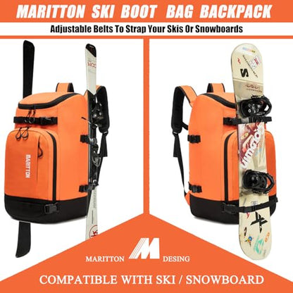 Ski Boot Bag - Boot Travel Backpack for Snowboard & Ski Boots, Helmet, Goggles, Gloves, Accessories - color: orange