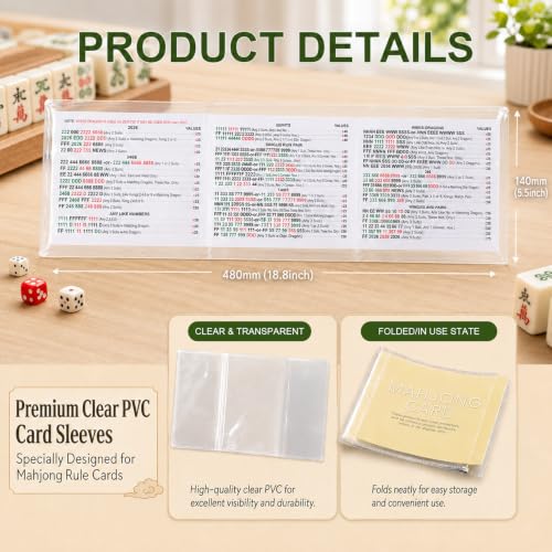 4 Pack Mahjong Line Finder with Card Sleeves Combo, Waterproof Color Rules Helper and Center Opening PVC Protective Covers,Fit 6 1/8" x 4 3/4" Mahjong Cards ，Beginner Friendly Mahjong Supplies