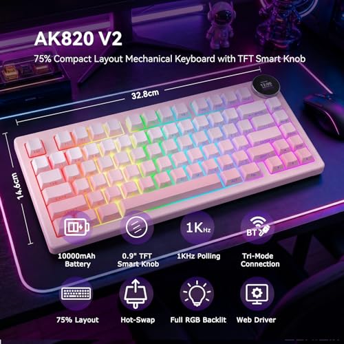 AK820 V2 75% Compact Mechanical Keyboard, 81 Keys, Tri-Mode (2.4G/Bluetooth/Wired), 10000mAh Battery, 0.9” TFT Smart Display Knob, Gasket Mount, Hot-Swappable, RGB Backlit, White Pink Ombre - color: White Pink Ombre