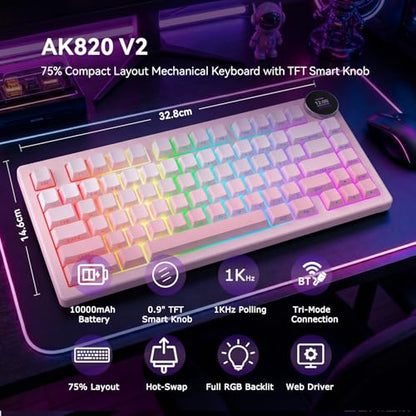 AK820 V2 75% Compact Mechanical Keyboard, 81 Keys, Tri-Mode (2.4G/Bluetooth/Wired), 10000mAh Battery, 0.9” TFT Smart Display Knob, Gasket Mount, Hot-Swappable, RGB Backlit, White Pink Ombre - color: White Pink Ombre