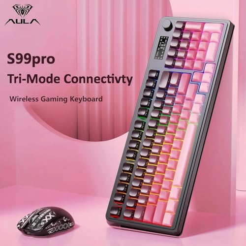 AULA S99 Pro Keyboard, Wireless Keyboards with Media Knob Custom RGB Backlit, 3-Modes BT/2.4G/USB-C Membrane Gaming Creamy Keyboard for Windows/MAC/PC Gamer - Black Pink - color: Black Pink