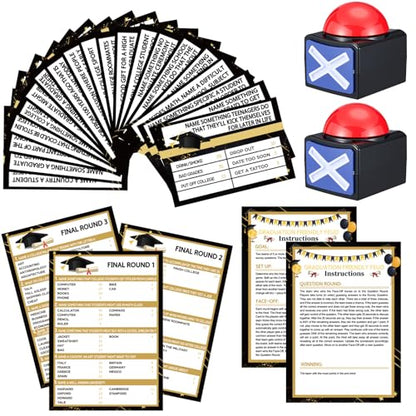 Shappy 25 Pcs Graduation Friendly Feud Game with 2 Answer Buzzers, Graduation Trivia Game Feud Card Festival Guessing Holiday Activity for Class School Team Groups Party