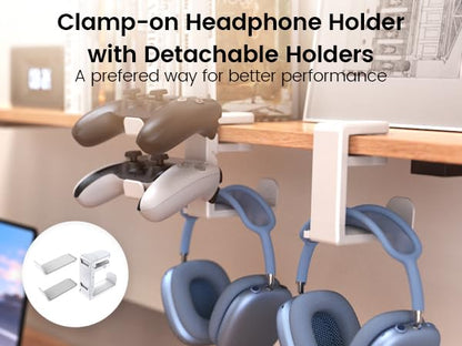 3in1 Rotating Headphone Holder - EURPMASK 3in1 PC Gaming Headset Holder w/Detachable Controller Holder, Adjustable Clamp-on Headset Stand,Headphone Hanger Hook Under Desk w/Cable Clip Organizer - color: Gaming Combo White
