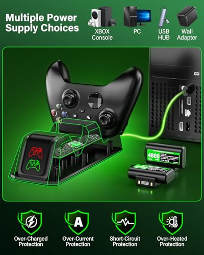Rechargeable-Controller-Battery-Pack-for-Xbox One S/X/Elite/Xbox Series S|X | 2x4800mWh Battery with Charger for Xbox Wireless Controllers, Rechargeable Batteries for Xbox with Charging Station, 4 Covers