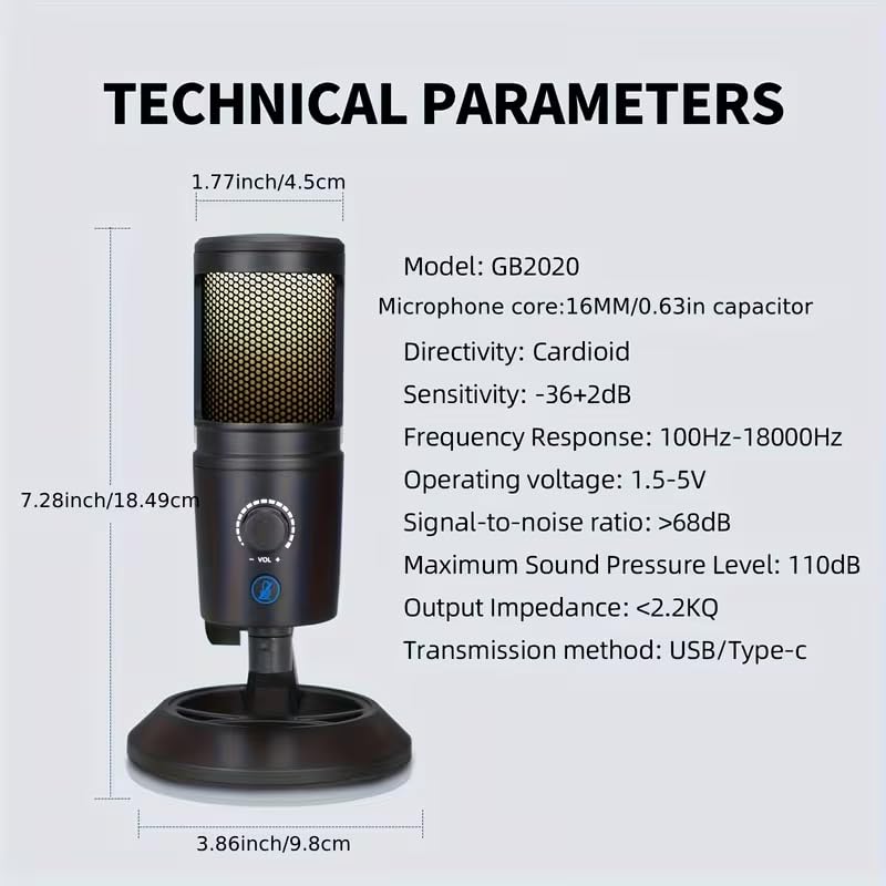 USB Gaming Condenser Microphone with RGB Light, One-Touch Mute, Volume Control, Desktop Stand, for PS4/PS5 and PC