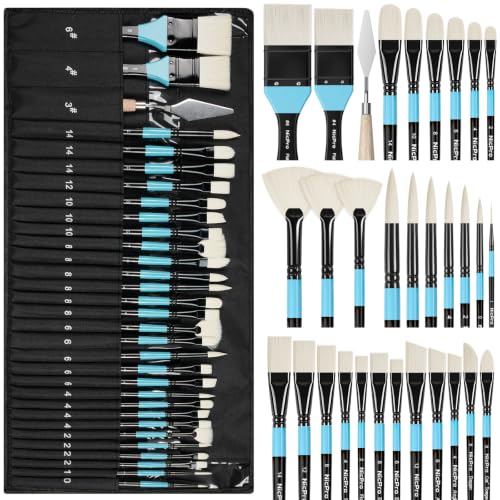 Nicpro 30pcs Paint Brush Set for Acrylic Painting, Oil, Watercolor, Gouache | 10 Shapes No Shedding Firm Synthetic Bristles with Palette Knife & Canvas Roll, Professional Painting Supplies for Artists - color: Black-blue