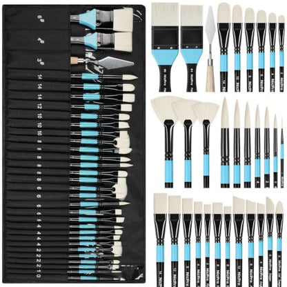 Nicpro 30pcs Paint Brush Set for Acrylic Painting, Oil, Watercolor, Gouache | 10 Shapes No Shedding Firm Synthetic Bristles with Palette Knife & Canvas Roll, Professional Painting Supplies for Artists - color: Black-blue