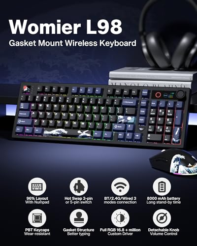 L98 Wireless Gaming Keyboard, 98 Keys Mechanical Keyboard with Smart Display and Knob, Bluetooth/2.4GHz/USB-C Hot Swappable RGB Backlit with Number Pad for PC Mac