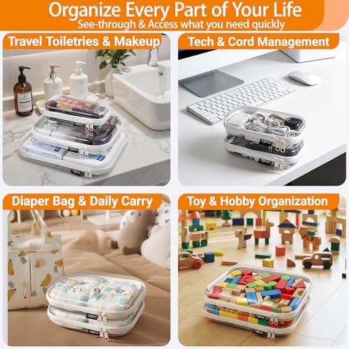 YQBRAO 4-Pack Clear Hard Shell Zipper Case, 1.2mm Ultra-Thick Diaper Bag Organizer Pouches, Rigid Self-Standing Travel Makeup Bags with YKK Zippers, TSA Approved, White - color: White, size: 4 Pack(S)