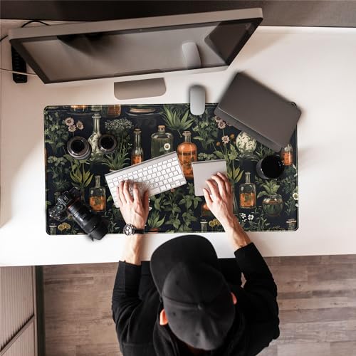 Black Aesthetics Desk Mat Mouse Pad Large Gaming Mouse Pad Desk Pad Mousepad, Mystical Green Plant Computer Laptop Keyboard and Mouse Mat, Desktop Protector Mat for Women Girl Office 31.5x15.8 in - color: Black Mystical Green Plant