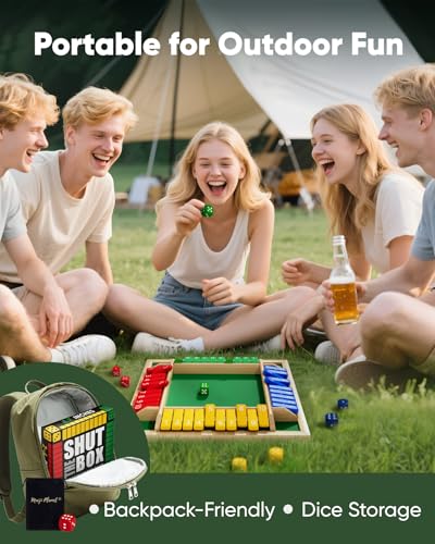 Classic Original Shut The Box Game Wooden Math Dice Board Game 2-4 Players | Table Games for Family Night Classroom Travel, Gifts for Group Kid Adult Senior, Camp Party Bar, Easy Quick and Fun - size: 8.7in