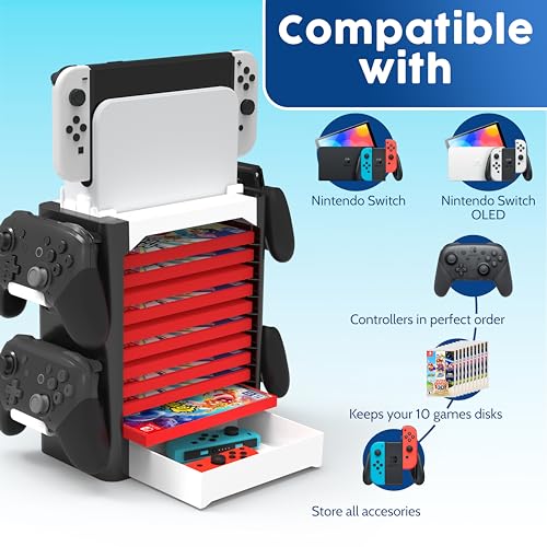 NS Compatible Nintendo Switch Games Holder, Nintendo Switch Stand - White | Holds up to 10 Game Case & 4 controllers Game Disk Rack, Switch Holder Stand for Gamers, Nintendo Switch Accessories - color: White