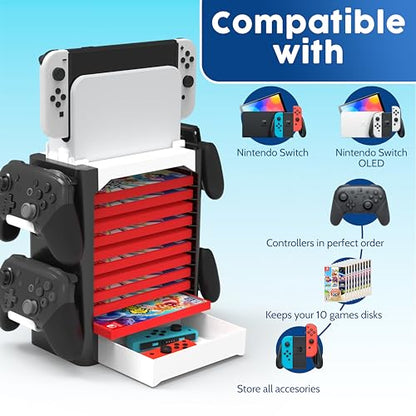 NS Compatible Nintendo Switch Games Holder, Nintendo Switch Stand - White | Holds up to 10 Game Case & 4 controllers Game Disk Rack, Switch Holder Stand for Gamers, Nintendo Switch Accessories - color: White