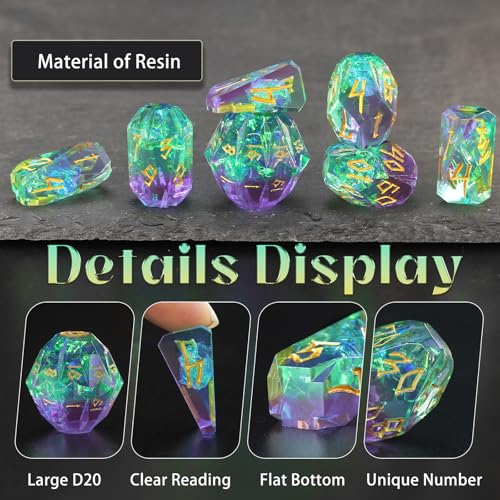 FONVGOGO Resin Dice Set, Dungeons and Dragons DND Dice with Box Polyhedral D and D Dice Set 7-Piece Role Playing Game RPG（Green and Gold） - color: S Green and Gold