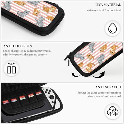 PPIKTC Portable Game Protection Case Compatible with Nintendo Switch, Hard Shell Shockproof Carrying Case, Cute Cat Pink Stripes Game Bag - color: Design (205)