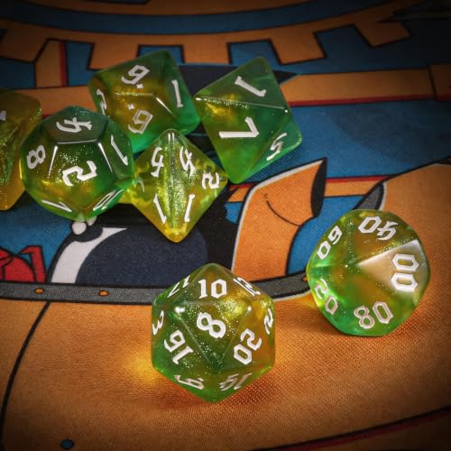 QMAY DND Dice Set -D&D Polyhedral Dice (7 Pcs) for Dungeons and Dragons (Pale Yellow and Green Glitter) - color: Pale Yellow and Green Glitter