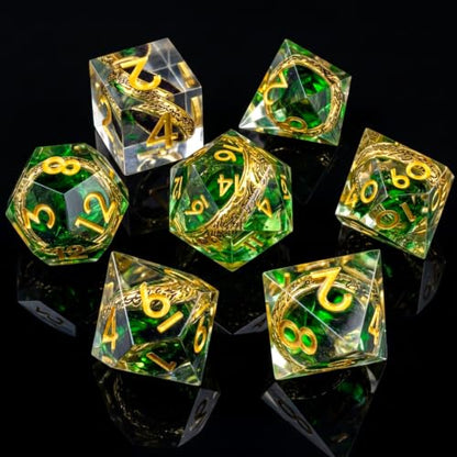 Ring DND Dice Set Sharp Edge Resin Dice,Golden Ring Inclusion Suitable for Lord of the Ring D&D Dice RPG Role Playing Games Suitable for Dungeons and Dragons Polyhedral Dice Set（Green） - color: Green
