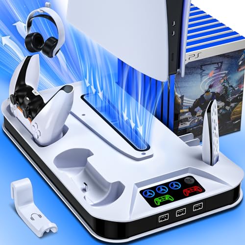 PS5/Slim/Pro Cooling Station with Controller Charging Station for Playstation Console Playstation 5 Slim&Standard Disc/Digital Console, PS5 Pro Stand Cooler Accessories Incl Cooling Fan/3 USB Hubs - color: White
