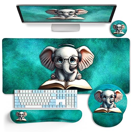 LIMKRIAN Large Desk Mat Set, Mouse Pad with Wrist Rest, Cute Elephant | Ergonomic Wrist Support Keyboard Mat, Coaster, Gaming Mouse Pad, Home Office Desk Accessories Decor Supplies for Women Gifts - color: XXL-Elephant Set 2