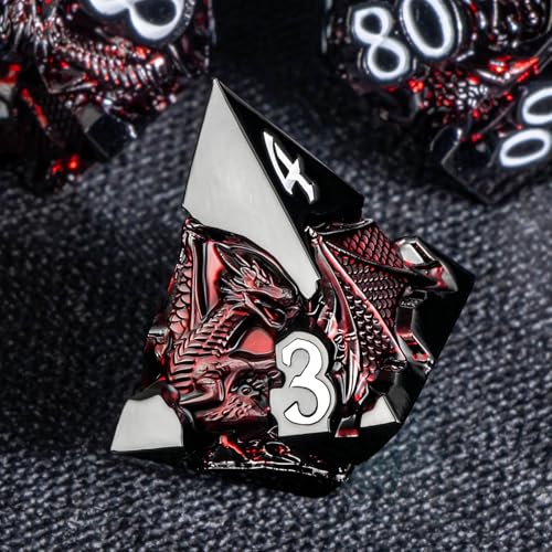 Roycevon Relief Dragon DND Dice Set for Role Playing Game, 7Pcs Metal D&D Dice Set Dungeons Dragons with Gift Box, Polyhedral D and D Dice D20 D12 D10 D8 D6 D4, Red and White - color: Red and White