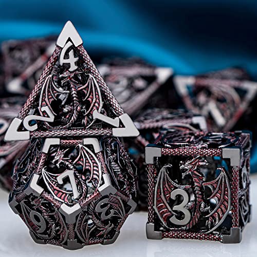 ARUOHHA Hollow DND Metal Dice Set Black Red Dragons D and D Dice, RPG Role Playing Games Dungeons Polyhedral Dice with Gift Box D20 D12 D10 D8 D6 D4 - color: Black Red