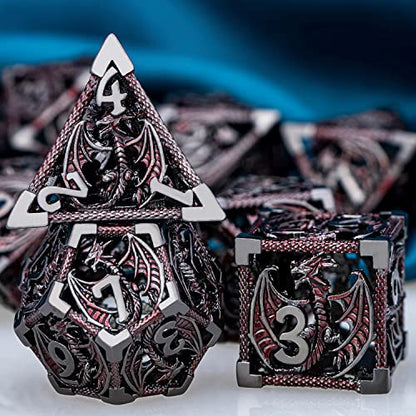 ARUOHHA Hollow DND Metal Dice Set Black Red Dragons D and D Dice, RPG Role Playing Games Dungeons Polyhedral Dice with Gift Box D20 D12 D10 D8 D6 D4 - color: Black Red